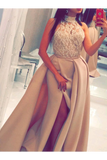 High Neck Satin Mermaid Prom Evening Dress With Beading Split