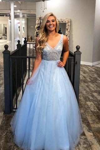 A-line V-neck Beading Light Sky Blue Long Prom Dresses