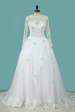 2024 A Line Scoop Wedding Dresses Long Sleeves Tulle With Applique & Beading Detachable Skirt Chapel Train