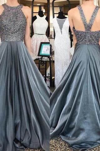 Beautiful Long Beading Open Back A-Line Gray Prom Dresses Party Dresses