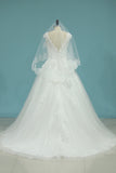 2024 Tulle Bateau Wedding Dresses Open Back With Applique Chapel Train