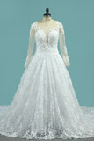 2024 Scoop Long Sleeves Wedding Dresses A Line Tulle With Lace Court Train