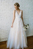 A Line Handmade Flower V Neck Beach Wedding Dress With Beads Bridal Dresses