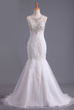 2024 Scoop Wedding Dresses Mermaid/Trumpet Sweep Train Tulle With Applique And Beads