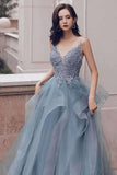 Deep V Neck Appliques Bridal Dresses Multi-Layered Organza Prom Dresses