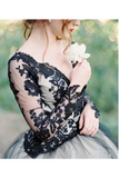 Long Sleeves Wedding Dresses Black Appliques Bridal Dresses Tulle