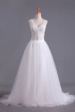 New Arrival Spaghetti Straps Wedding Dresses Sheath Lace & Tulle With Applique Court Train Detachable