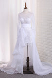 2024 Scoop Long Sleeves Wedding Dresses Tulle & Organza With Applique Sweep Train Detachable