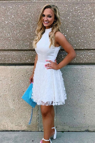 White Short Homecoming Dresses A-line High Neck Short Prom Dresses