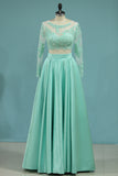 2024 Prom Dresses A-Line Scoop Floor-Length Satin & Lace Color Mint