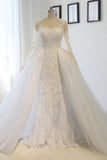 2024 Scoop Long Sleeves Wedding Dresses Mermaid Tulle With Beading Court Train Detachable