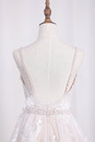 2024 Spaghetti Straps A Line Lace Wedding Dresses With Sash And Handmade Flower