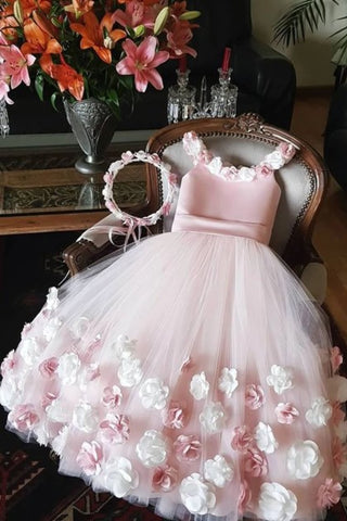 New Ball Gown Flower Girl Dresses Scoop Ankle Length Tulle Handmade Flowers