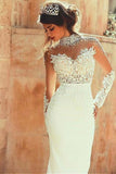 2024 Satin Wedding Dresses Mermaid Scoop With Appliques And Beads Long Sleeves