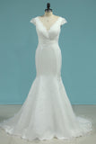 2024 Mermaid Wedding Dresses V-Neck Organza With Lace