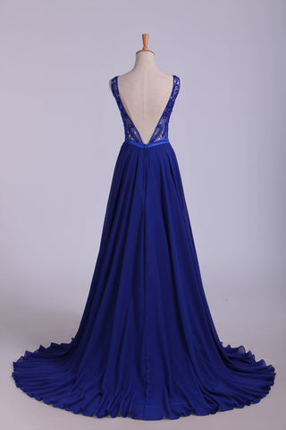 2024 Bateau A-Line Chiffon Prom Dresses With Ribbon Sweep Train