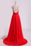 2024 Red Spaghetti Straps Beaded Bodice A-Line Chiffon Prom Dresses