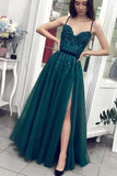 Charming A Line Tulle Spaghetti Straps Beading Prom Dresses Evening Dresses