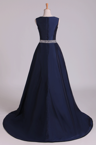 2024 New Arrival V-Neck Prom Dresses A Line Beaded Waistline Court Train