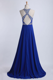 2024 Halter A-Line/Princess Prom Dresses Tulle And Chiffon Dark Royal Blue Sweep Train