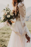 Long Sleeve Rustic Wedding Dresses Lace Appliqued Ivory Beach Wedding Dress