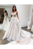 Spaghetti Strap Sweetheart Neck Beach Wedding Dresses 3D Appliqued Bridal Dresses