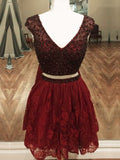 2024 A-Line V Neck Cap Lace Homecoming Dresses Keyla Sleeve Two Piece Beading Cut Short/Mini