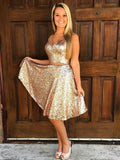 2024 A-Line V Neck Sleeveless Two Piece Sequin Homecoming Dresses Rebecca Knee-Length