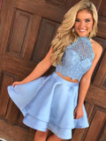 2024 A-Line Una Satin Homecoming Dresses Halter Sleeveless Cut Out Back Two Piece Layers Applique Cut Short/Mini