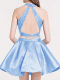 2024 A-Line Una Satin Homecoming Dresses Halter Sleeveless Cut Out Back Two Piece Layers Applique Cut Short/Mini