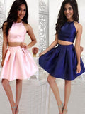 Two Piece Halter Sleeveless Pleated Cut Kira Homecoming Dresses Satin Short/Mini