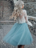 Two Piece See Through Scoop Neck Long Homecoming Dresses Evelin Lace Sleeve Tulle Ball Gown Knee-Length