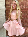 Long Sleeve Two Pieces A Line Tiara Homecoming Dresses Lace Satin Jewel Short Pleated