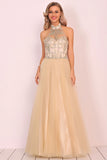 2024 A-Line Halter Prom Dress Floor-Length Tulle With Beads&Rhinestones