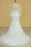 2024 Plus Size Mermaid Open Back Wedding Dresses 3/4 Length Sleeve Tulle With Applique