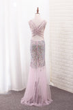 2024 Tulle Mermaid V Neck Prom Dresses With Beading Sweep Train