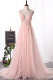 2024 New Arrival Straps A Line Tulle Prom Dresses With Beading And Slit