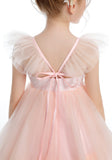 Ruffles Layered Pink Tulle Flower Girl Dresses With Bowknot