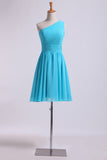 2024 One Shoulder Bridesmaid Dresses A Line Knee Length Chiffon With Ruffle