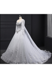 Sweetheart Wedding Dresses A Line With Beading Rhinestones Tulle Long Sleeves Chapel Train