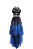 2024 High Low A Line Halter Beaded Bodice Prom Dresees Chiffon