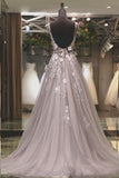 Prom Dress Scoop Lace Sweep Tulle With Appliques