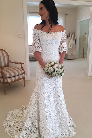 Sheath Brush Train Off Shoulder Half Sleeve Lace Wedding Dresses