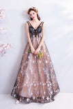 Charming Floor Length Sleeveless Prom Dress With Stars, A Line Appliques Evening Dress