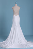 2024 Sexy Open Back Scoop Spandex With Beading Mermaid Wedding Dresses