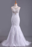 2024 Scoop Wedding Dresses Mermaid/Trumpet Sweep Train Tulle With Applique And Beads