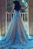 Charming Long Gorgeous Blue Lace Applique Prom Dresses Evening Dresses