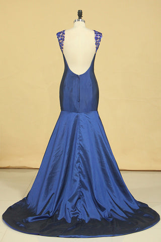 2024 Dark Royal Blue Scoop Prom Dresses Mermaid Taffeta Sweep Train With Beading