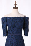 2024 Boat Neck Lace Bridesmaid Dresses Sheath Mid-Length Sleeves