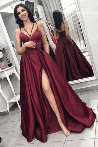 2024 Slit A-Line Prom Dresses Sexy Spaghetti Straps Sweep Train